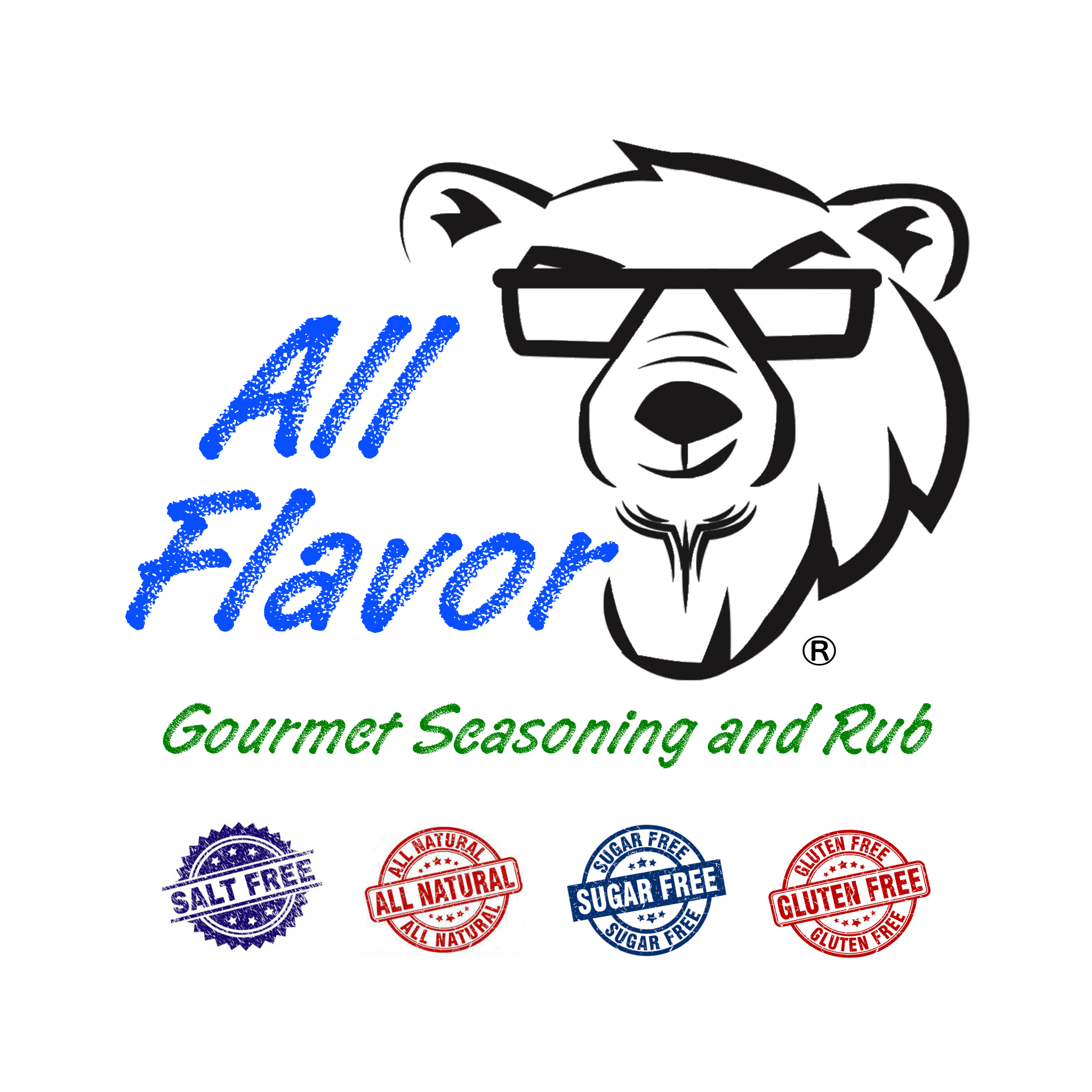 Pawpa Flavor All Flavor gourmet seasoning logo featuring bear mascot with salt free, sugar free, gluten free and all natural spice blend badges