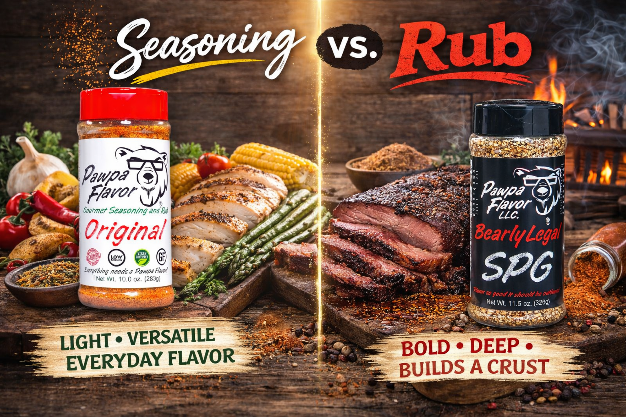 Pawpa Flavor seasoning vs rub comparison featuring Original all-purpose seasoning and Bearly Legal SPG rub with grilled chicken, vegetables, and smoked brisket