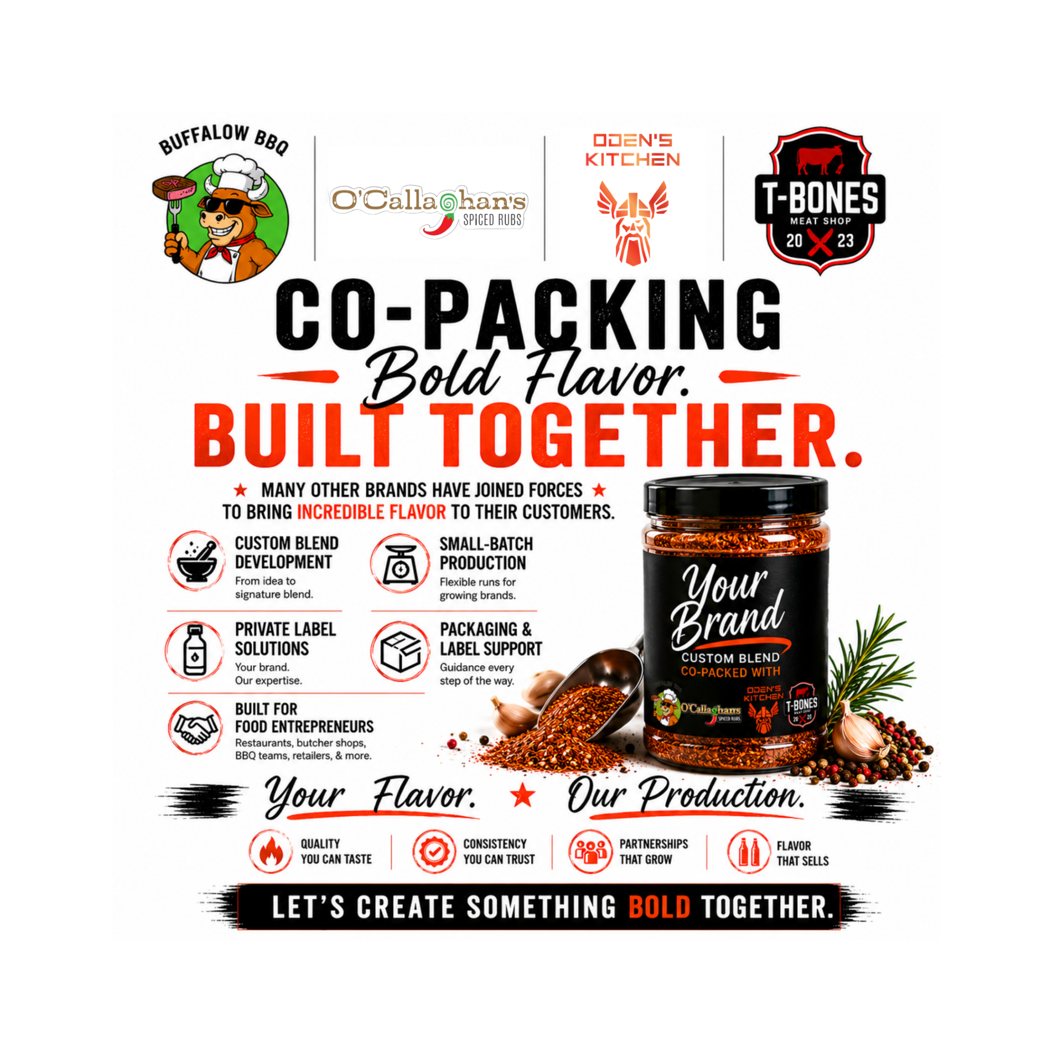 Co-packing promotional graphic featuring Buffalow BBQ, O’Callaghan’s Spiced Rubs, Oden’s Kitchen, and T-Bones Meat Shop with custom seasoning branding and bold flavor messaging.