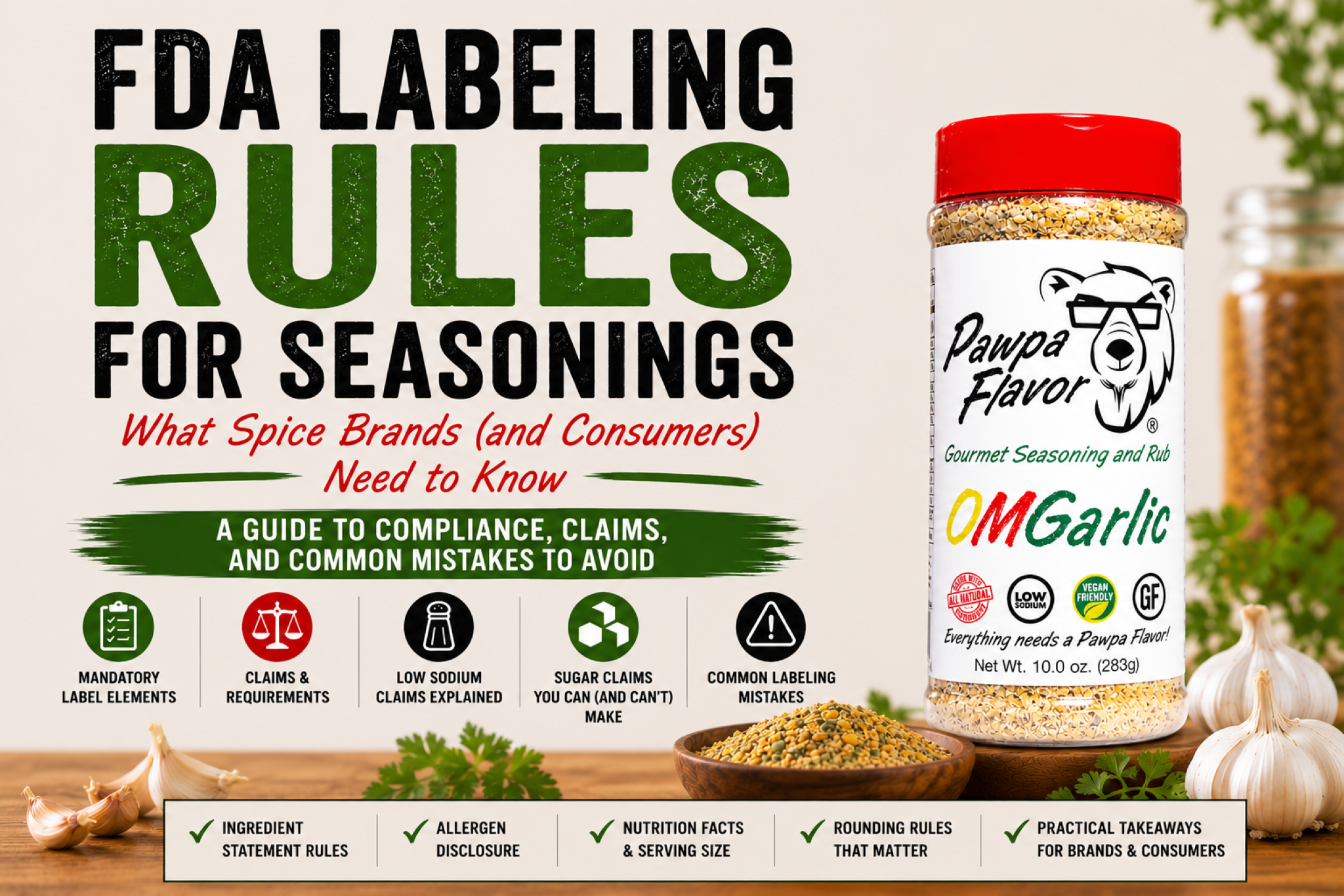Pawpa Flavor FDA seasoning labeling guide graphic featuring OMGarlic seasoning and key food labeling compliance topics.