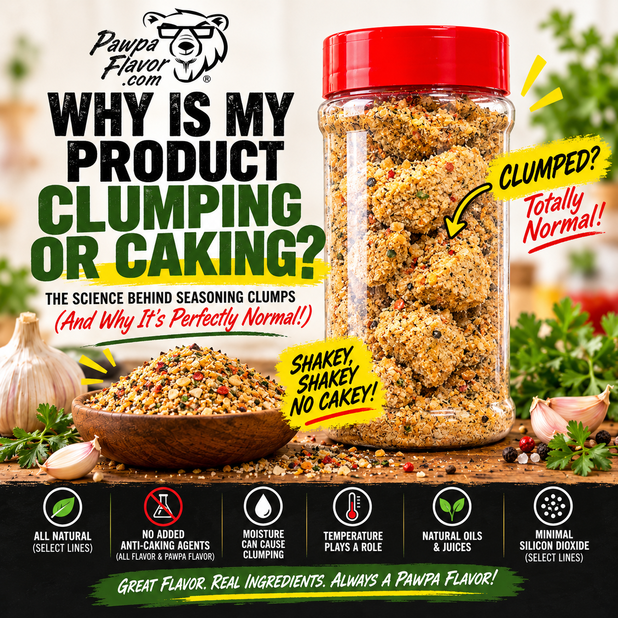 Pawpa Flavor explains why natural seasonings clump. Shakey, Shakey No Cakey!