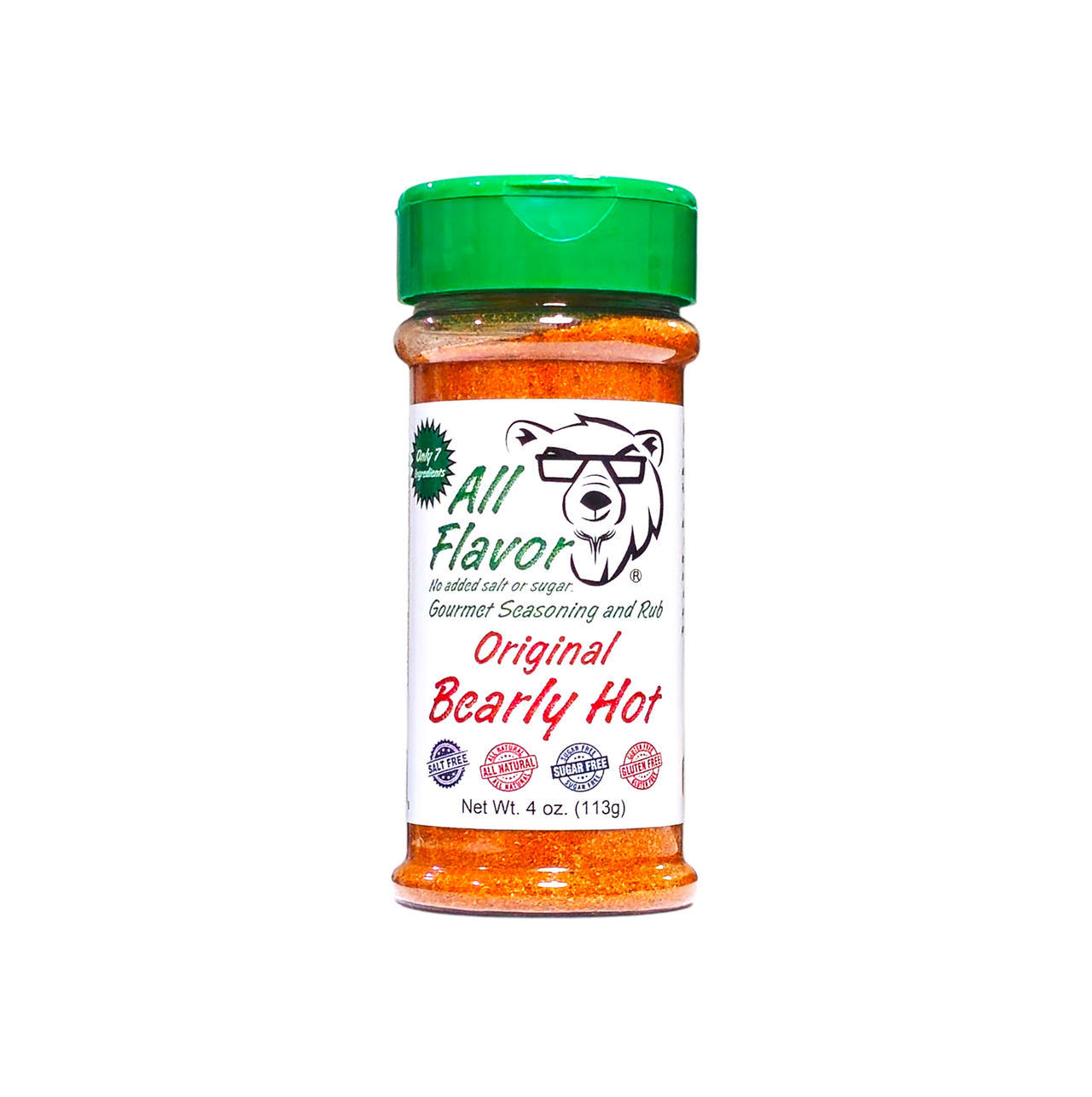 A bottle of All Flavor Seasoning and Rub Original Bearly Hot spice rub, featuring a green flip-top cap and a white label with a polar bear illustration, set against a plain white background. No added salt or sugar.