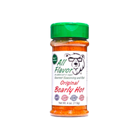 Thumbnail for A bottle of All Flavor Seasoning and Rub Original Bearly Hot spice rub, featuring a green flip-top cap and a white label with a polar bear illustration, set against a plain white background. No added salt or sugar.