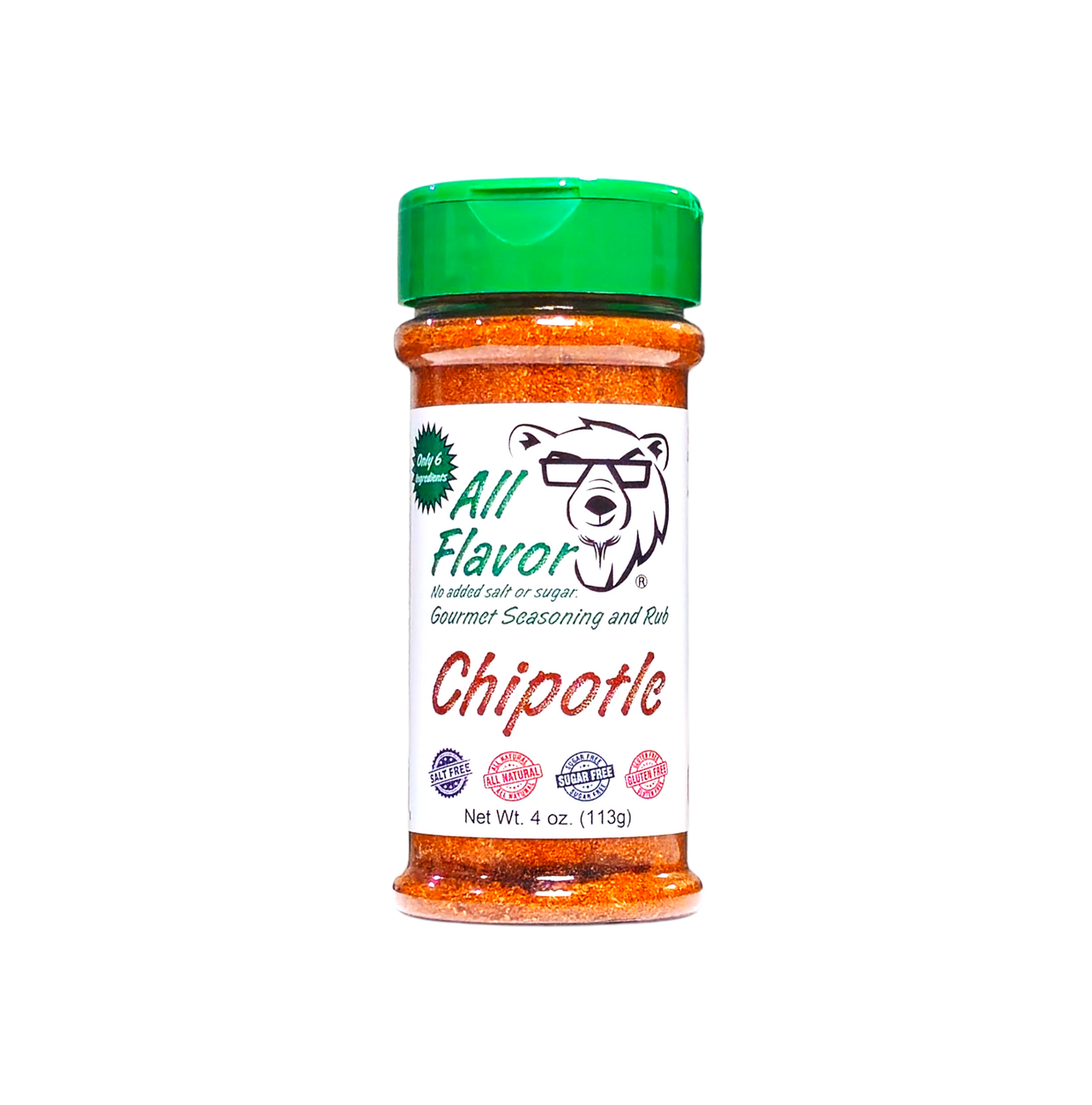 A bottle of All Flavor Chipotle Gourmet Seasoning and Rub, featuring a white label with a cartoon bear wearing glasses and a bright green shaker cap, set against a plain white background. No salt or sugar added.