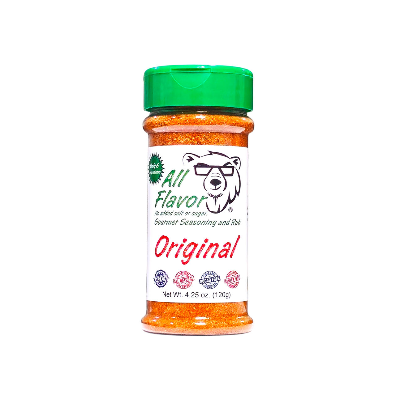 A bottle of All Flavor Original Gourmet Seasoning and Rub, featuring a green cap and a white label with a cartoon bear wearing glasses, set against a plain white background. No salt or sugar added