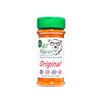 Thumbnail for A bottle of All Flavor Original Gourmet Seasoning and Rub, featuring a green cap and a white label with a cartoon bear wearing glasses, set against a plain white background. No salt or sugar added