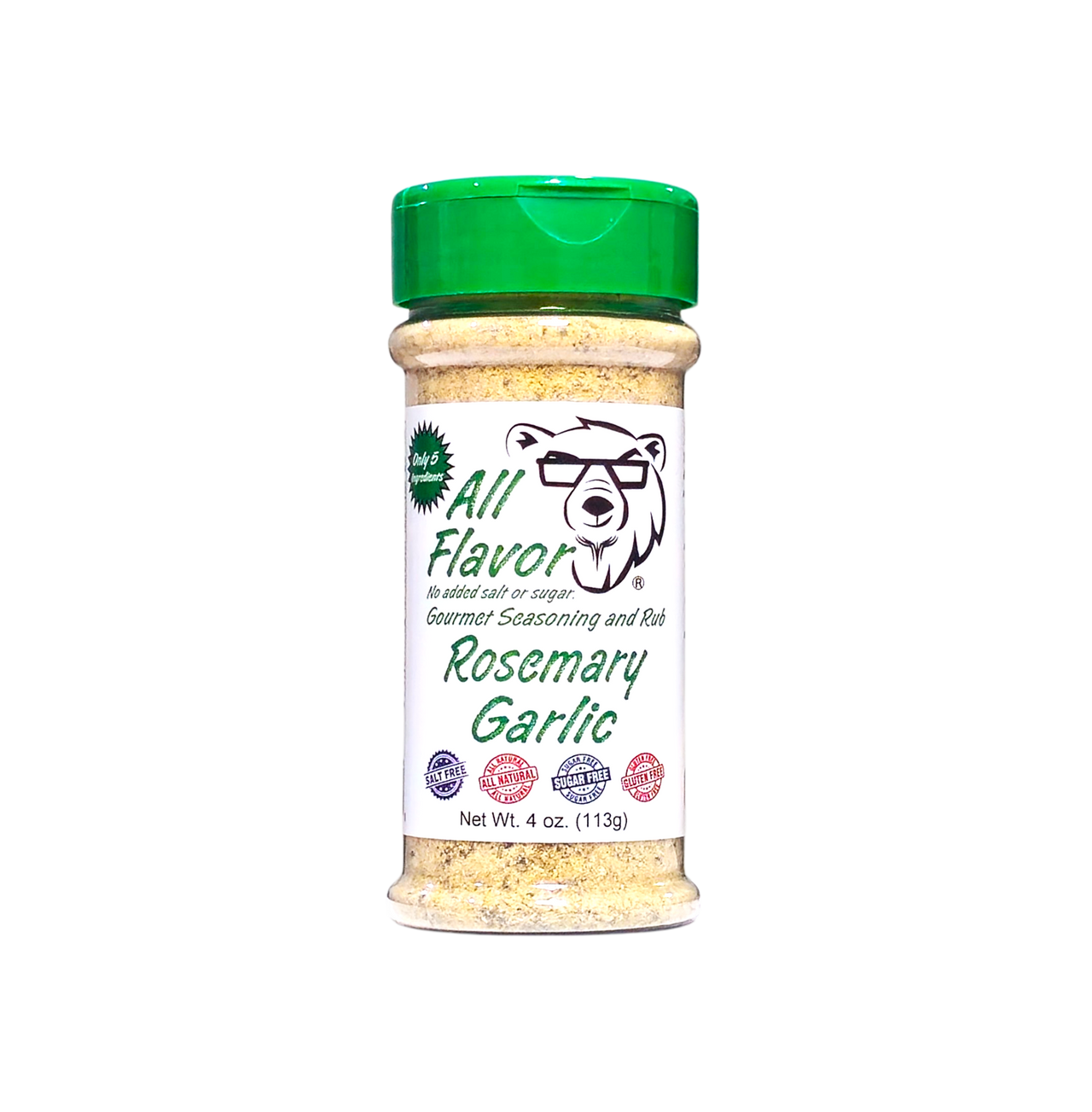 A bottle of Rosemary Garlic seasoning and rub by All Flavor, featuring a green flip-top cap and a white label with a cartoon bear wearing glasses, shown on a plain white background. No salt or sugar added.