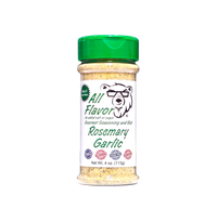 Thumbnail for A bottle of Rosemary Garlic seasoning and rub by All Flavor, featuring a green flip-top cap and a white label with a cartoon bear wearing glasses, shown on a plain white background. No salt or sugar added.