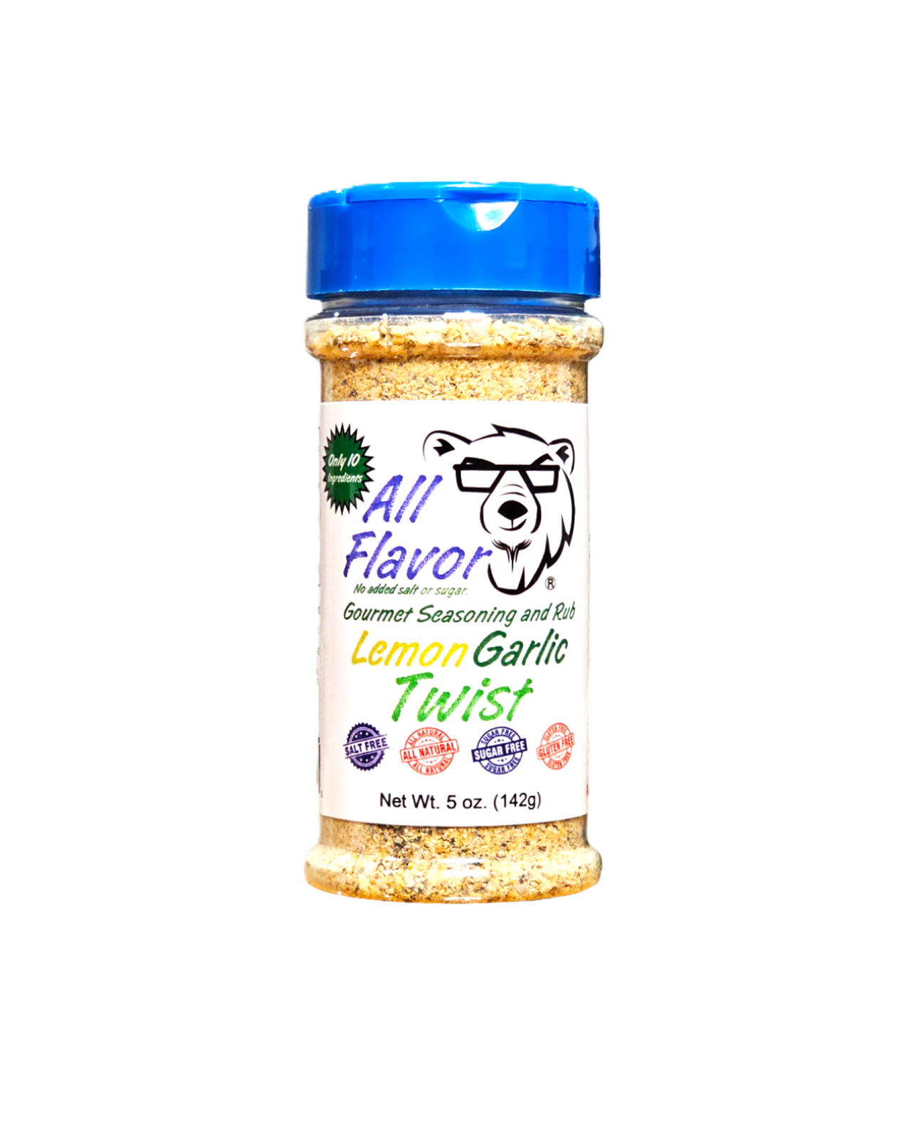 Shaker of Pawpa Flavor All Flavor Lemon Garlic Twist seasoning on a white background. No salt or sugar added.