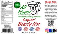 Thumbnail for Label for Pawpa Flavor All Flavor Bearly Hot seasoning with bear graphic and text. No sugar or salt added