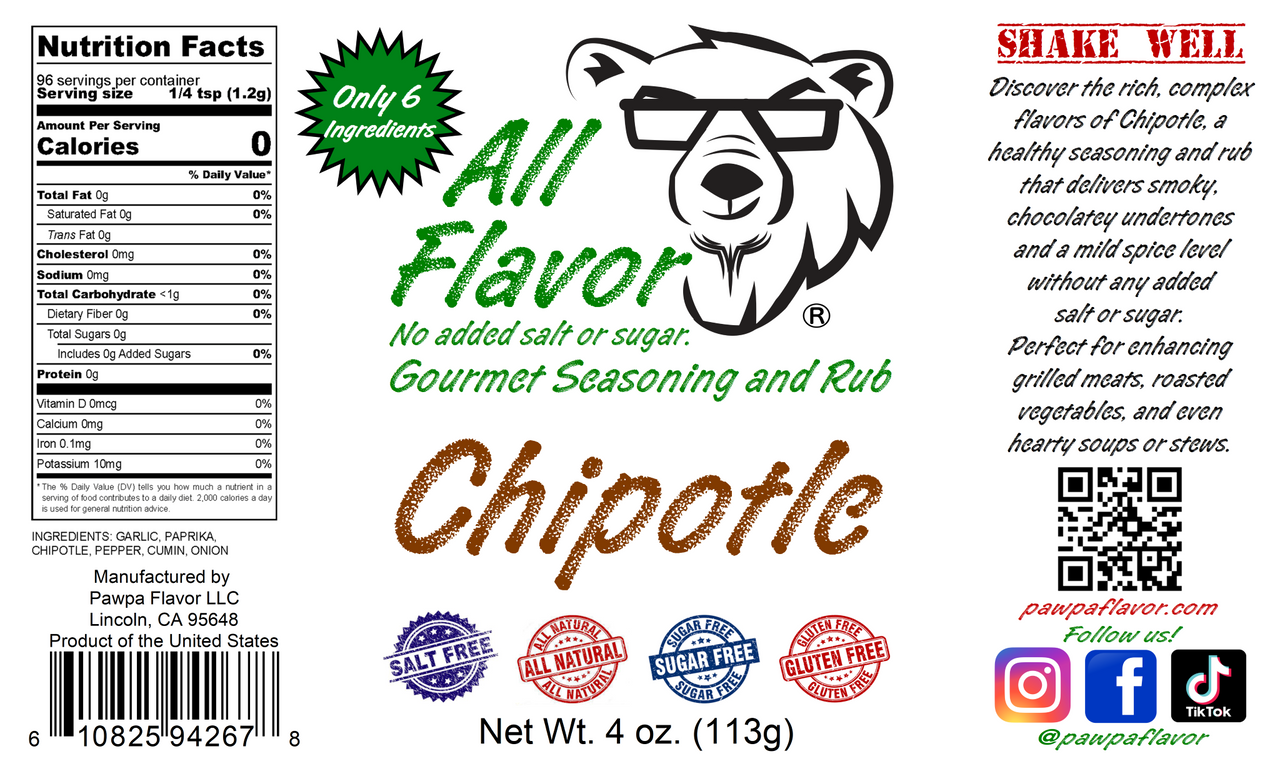 Pawpa Flavor All Flavor Chipotle seasoning label with bear logo, nutritional information, and branding elements. No salt or sugar added.
