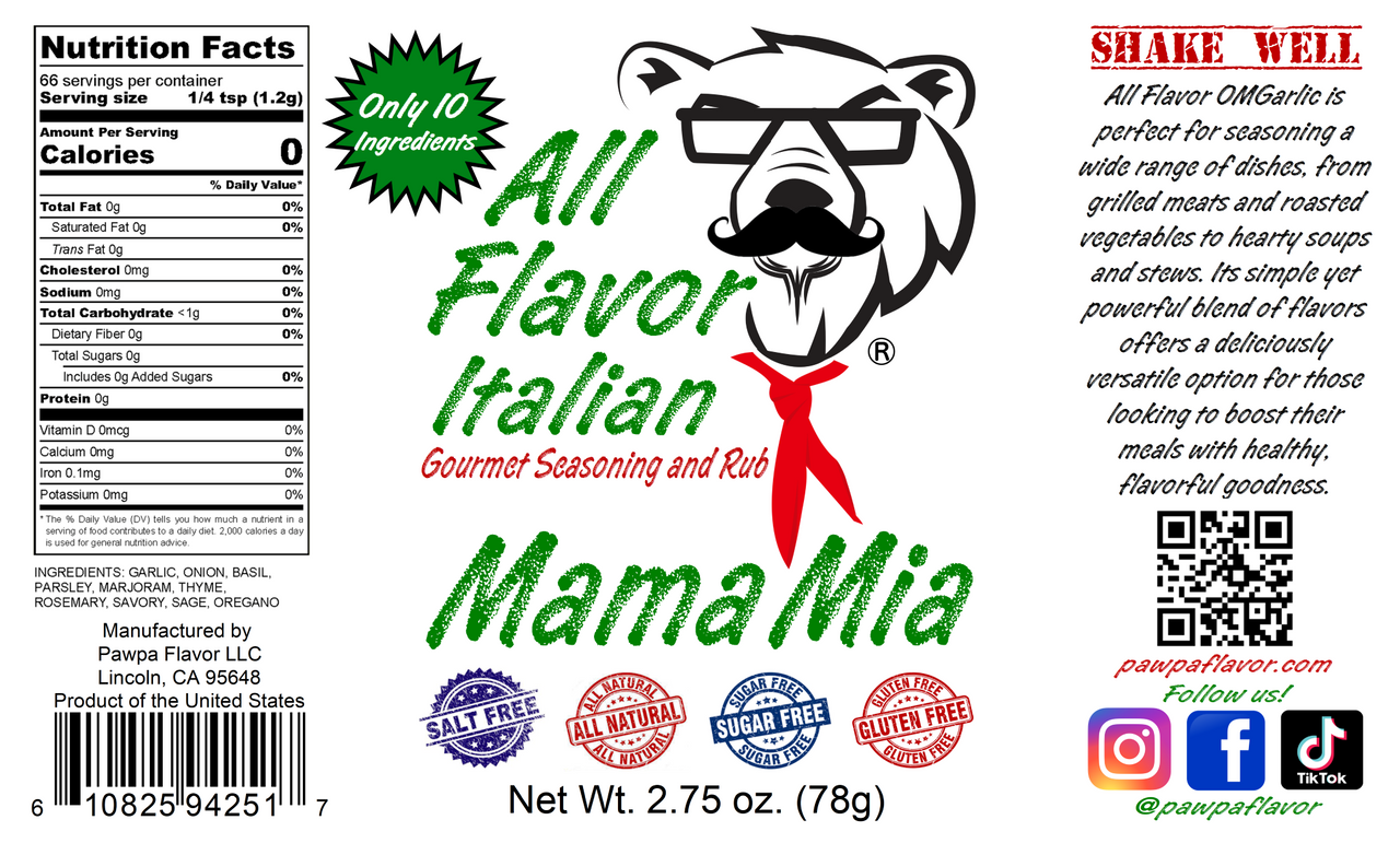 Pawpa Flavor Mama Mia All Flavor Italian seasoning label with bear graphic and product details. No salt or sugar added.