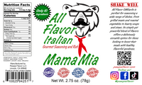 Thumbnail for Pawpa Flavor Mama Mia All Flavor Italian seasoning label with bear graphic and product details. No salt or sugar added.