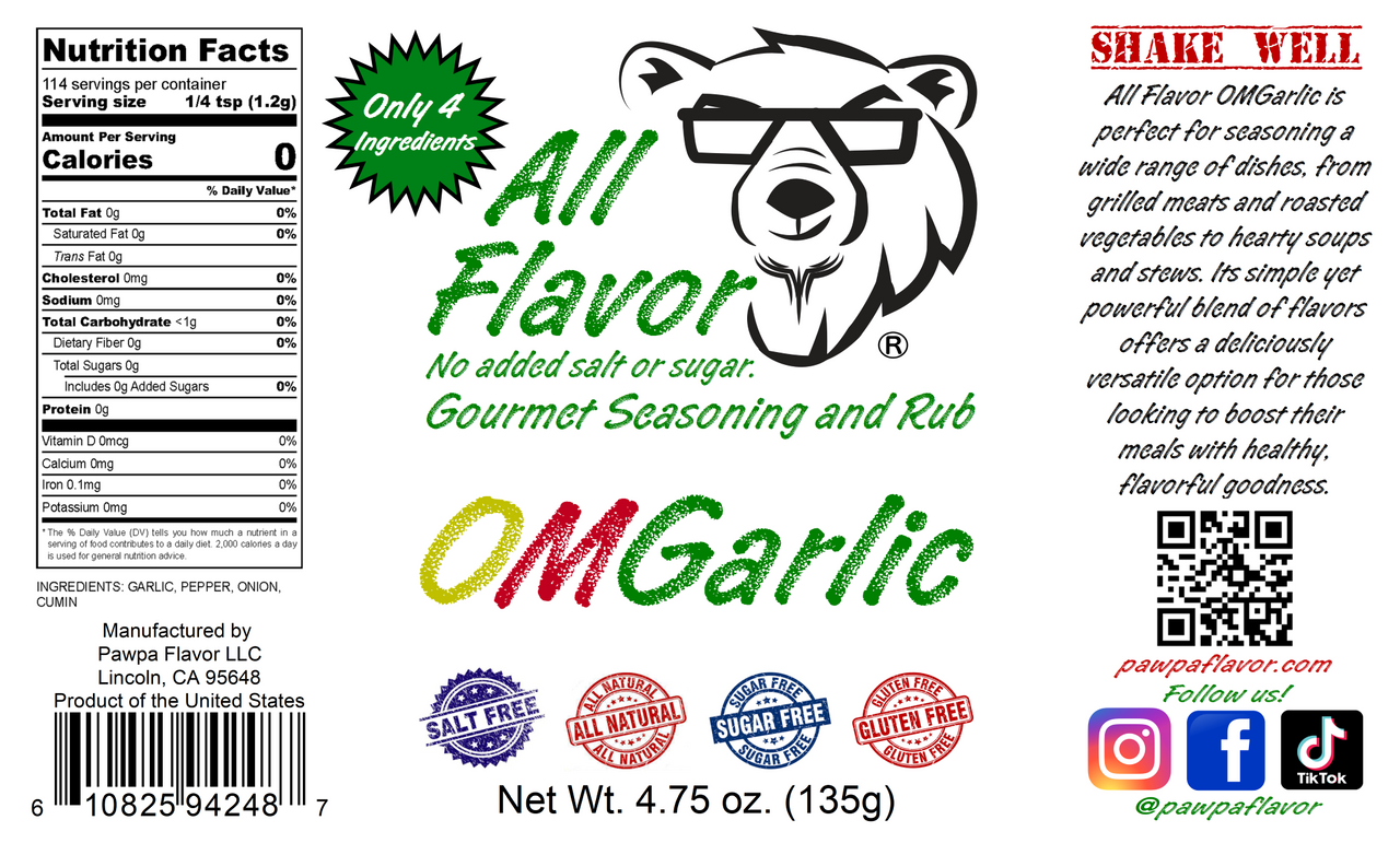 Pawpa Flavor All Flavor OMGarlic seasoning label with bear graphic, nutritional information, and QR code. No salt or sugar added.