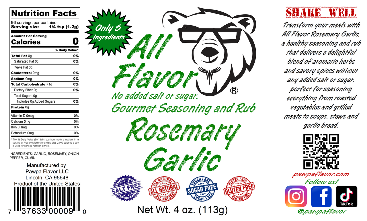 All Flavor Rosemary Garlic seasoning label with bear logo and product details. No salt or sugar added