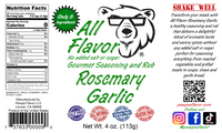 Thumbnail for All Flavor Rosemary Garlic seasoning label with bear logo and product details. No salt or sugar added