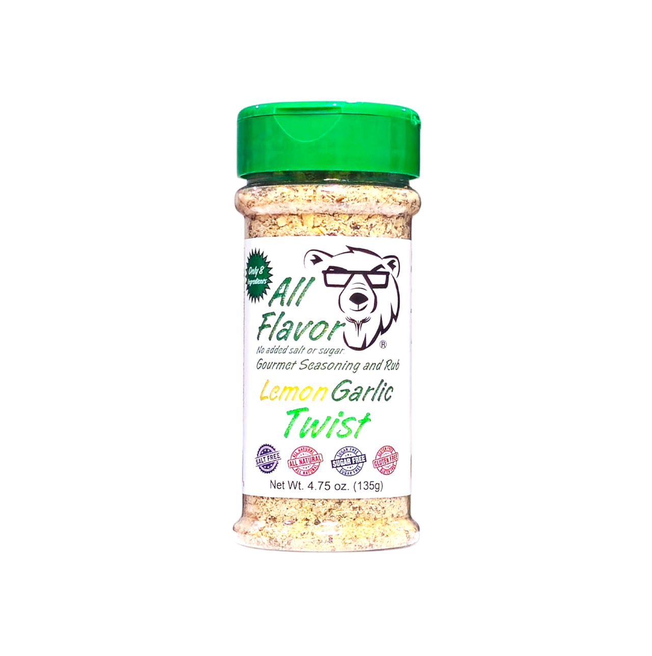 Shaker of Pawpa Flavor All Flavor Lemon Garlic Twist seasoning on a white background. No salt or sugar added.