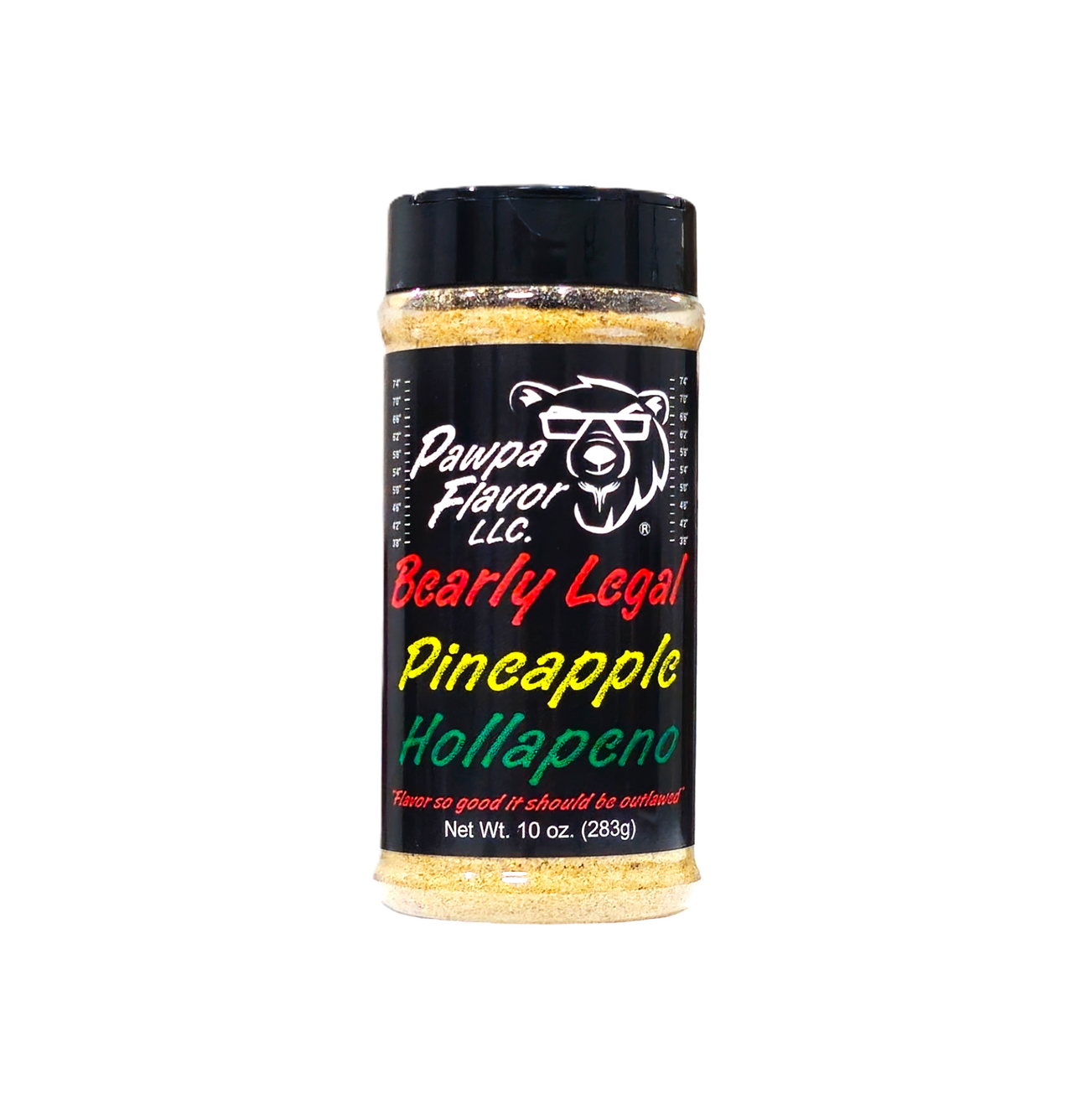 Jar of 'Bearly Legal Pineapple Hollapeno seasoning with Pawpa Flavor LLC branding.