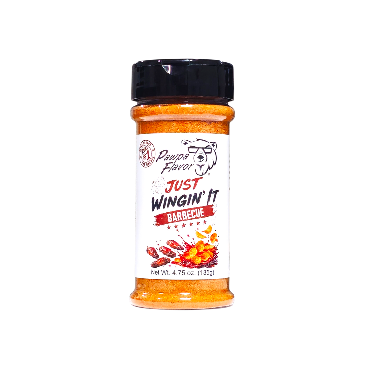 A bottle of Pawpa Flavor Just Wingin' It Barbecue seasoning, featuring orange-brown spice powder inside a clear plastic bottle with a black shaker cap and a white label.