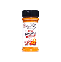Thumbnail for A bottle of Pawpa Flavor Just Wingin' It Barbecue seasoning, featuring orange-brown spice powder inside a clear plastic bottle with a black shaker cap and a white label.