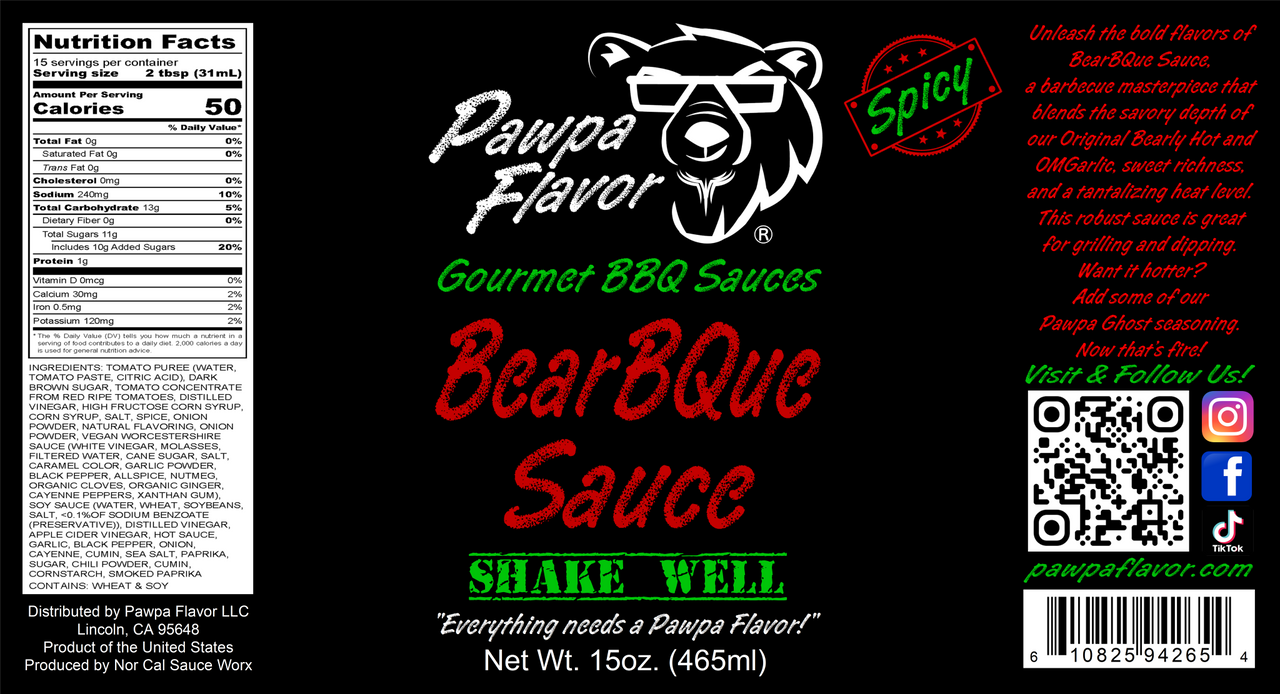 Pawpa Flavor BearBQue Sauce label with bear logo, text, and QR code on a black background