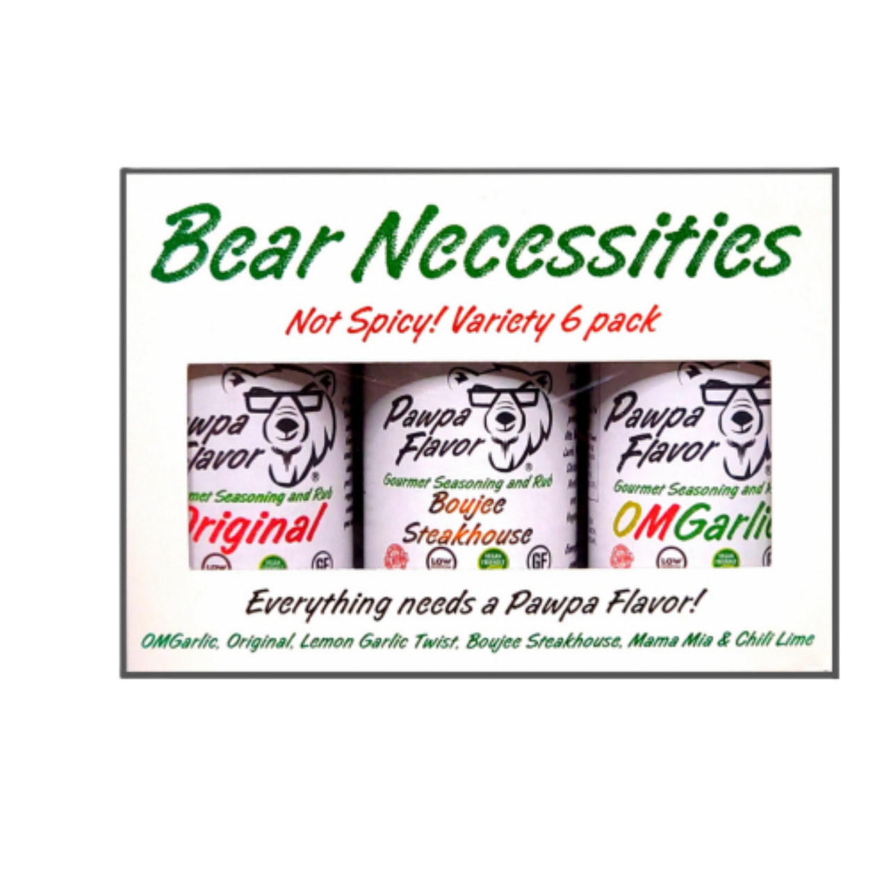 Bear Necessities variety 6 pack of Pawpa Flavor seasoning consisting of Original, Boujee Steakhouse, OMGarlic, Sabroso Chili Lime, Mama Mia and Lemon Garlic Twist on a white background