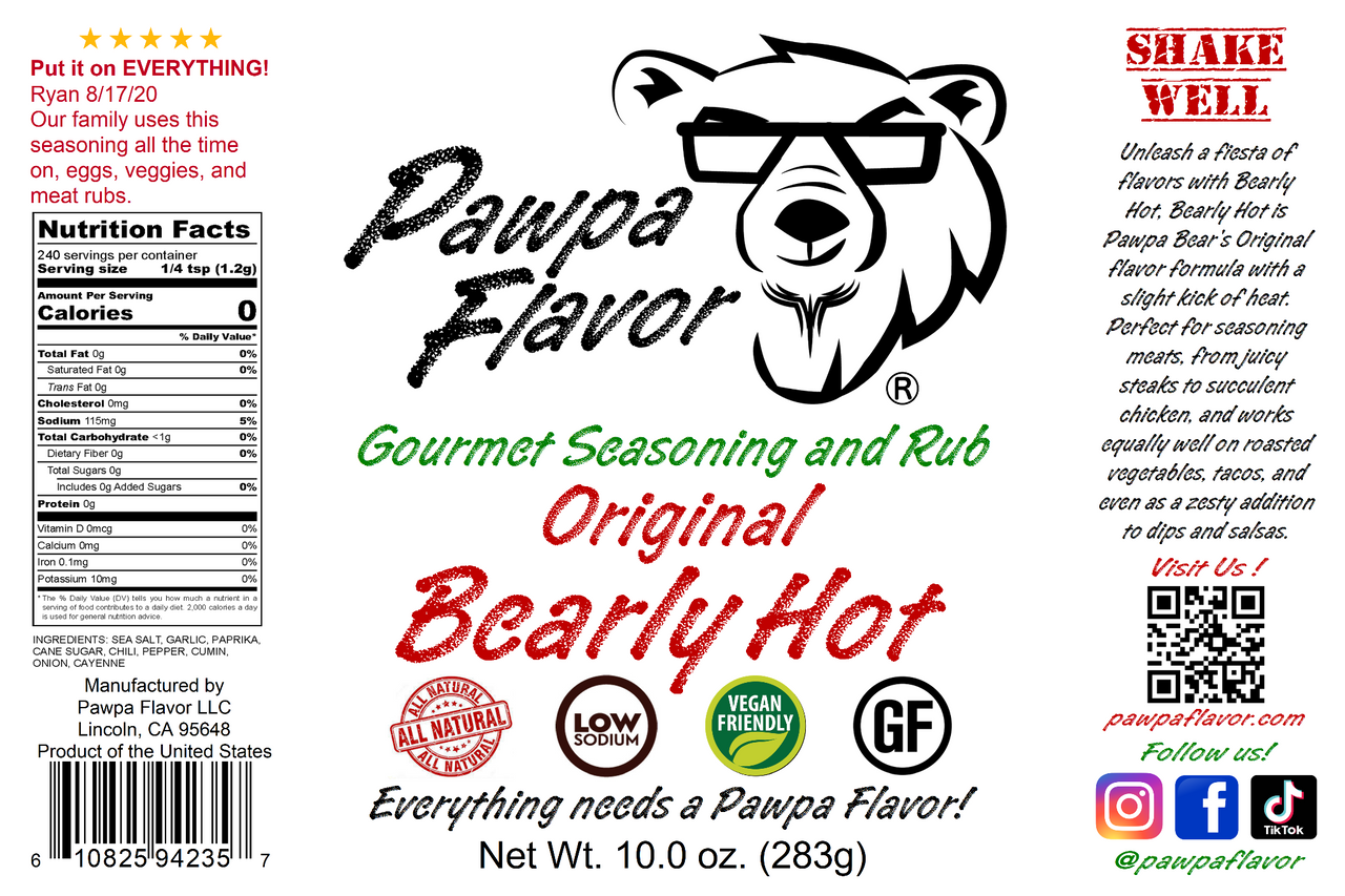 Pawpa Flavor Bearly Hot Gourmet Seasoning and Rub label with bear logo and product details.
