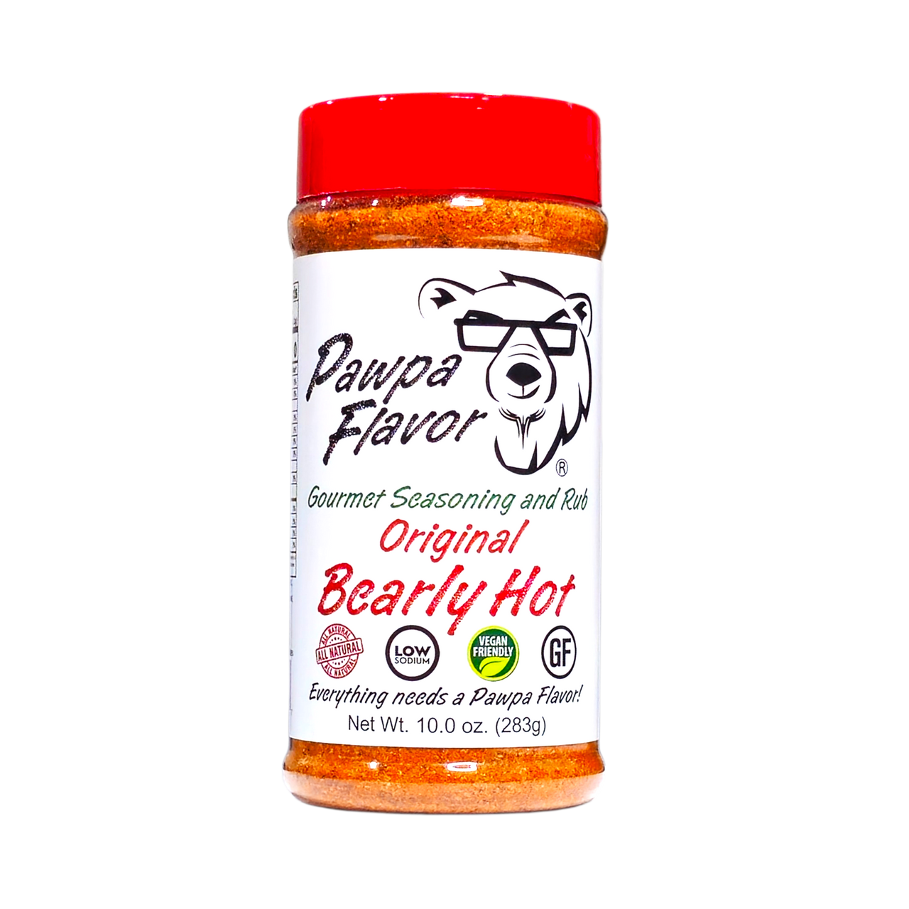 Bottle of Pawpa Flavor Bearly Hot seasoning in signature packaging, a mild heat and bold spice blend with balanced heat.