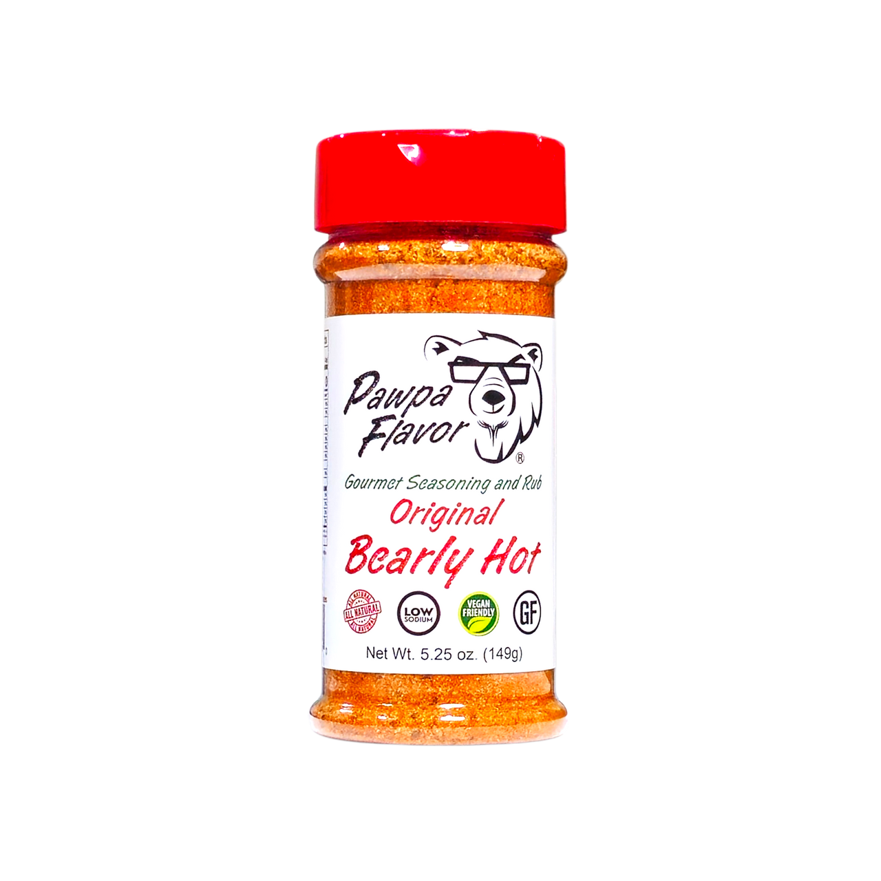 Bottle of Pawpa Flavor Bearly Hot seasoning in signature packaging, a mild heat and bold spice blend with balanced heat.