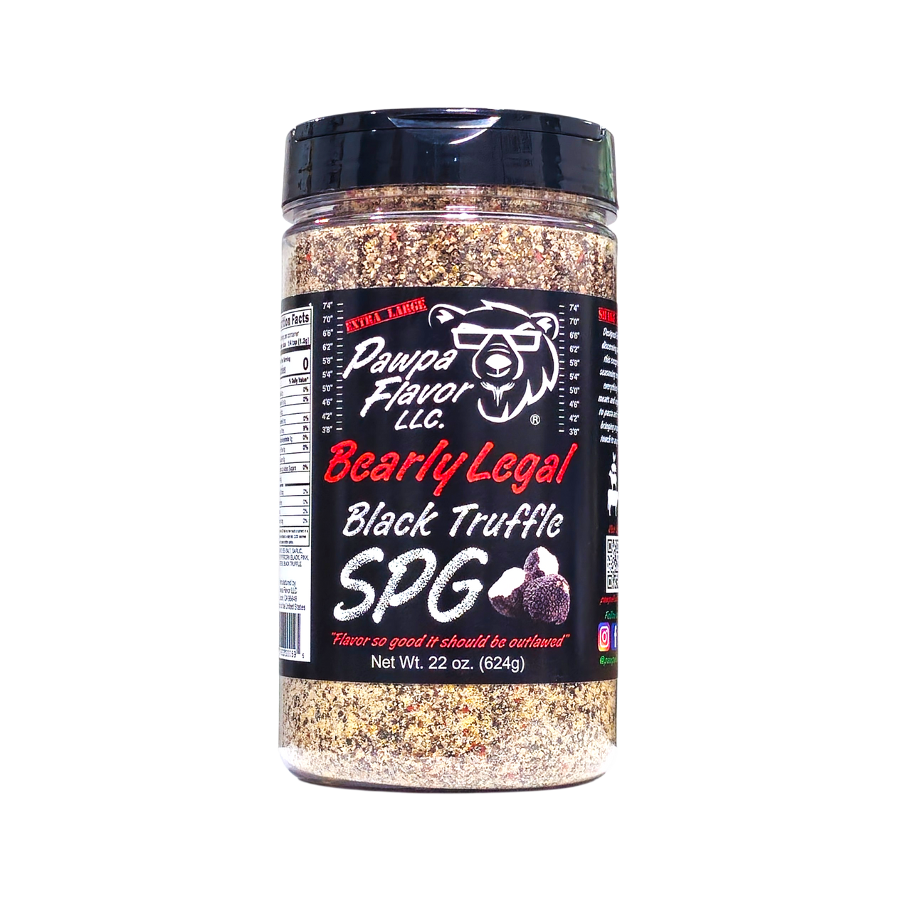 Bottle of Pawpa Flavor Black Truffle SPG seasoning and rub in signature packaging in extra large bottle, a premium blend of salt, pepper, garlic, and black truffle.
