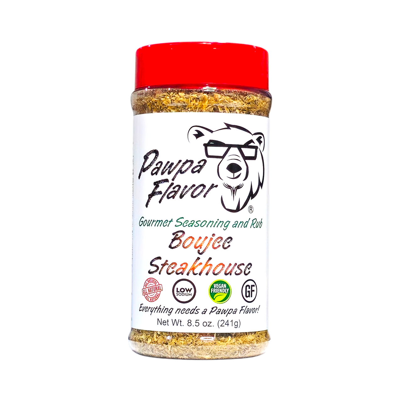 A bottle of Pawpa Flavor Boujee Steakhouse seasoning and rub, with a red cap and a label featuring the product name and branding.