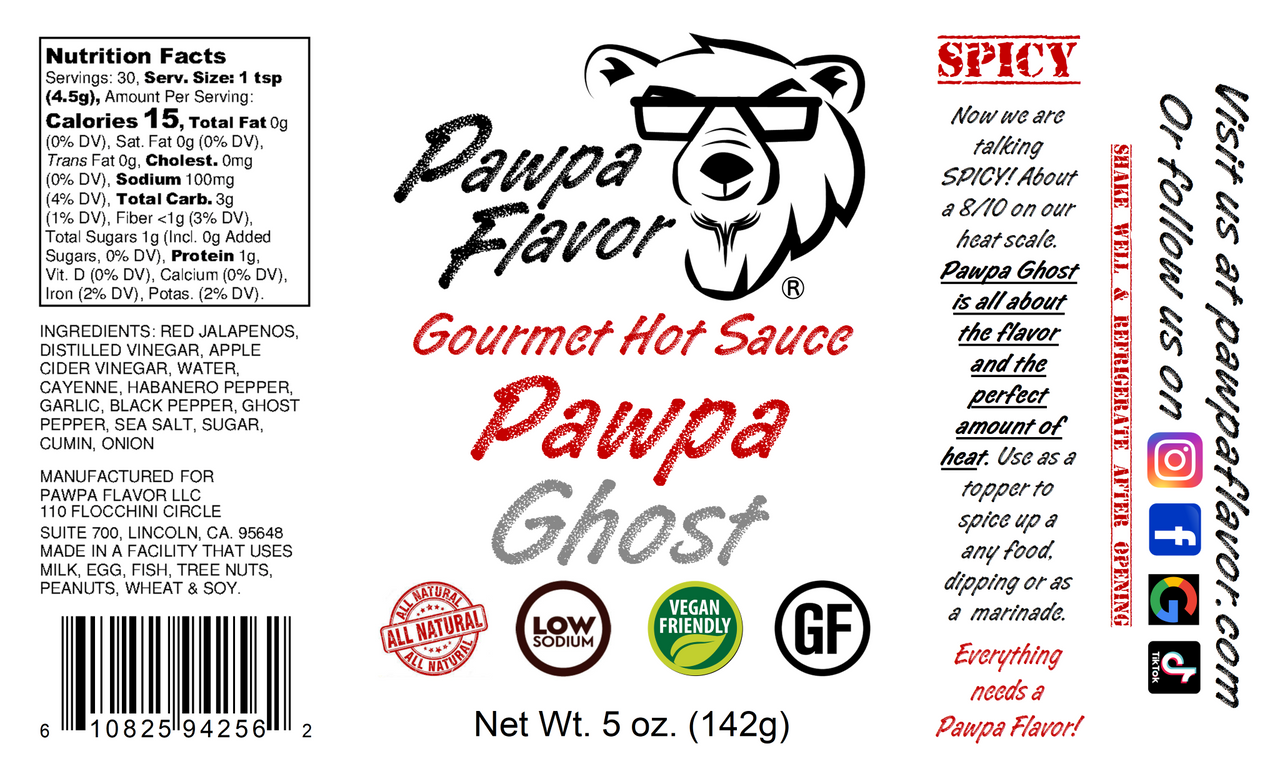 Pawpa Flavor Gourmet Hot Sauce label with bear logo and spicy text on a white background