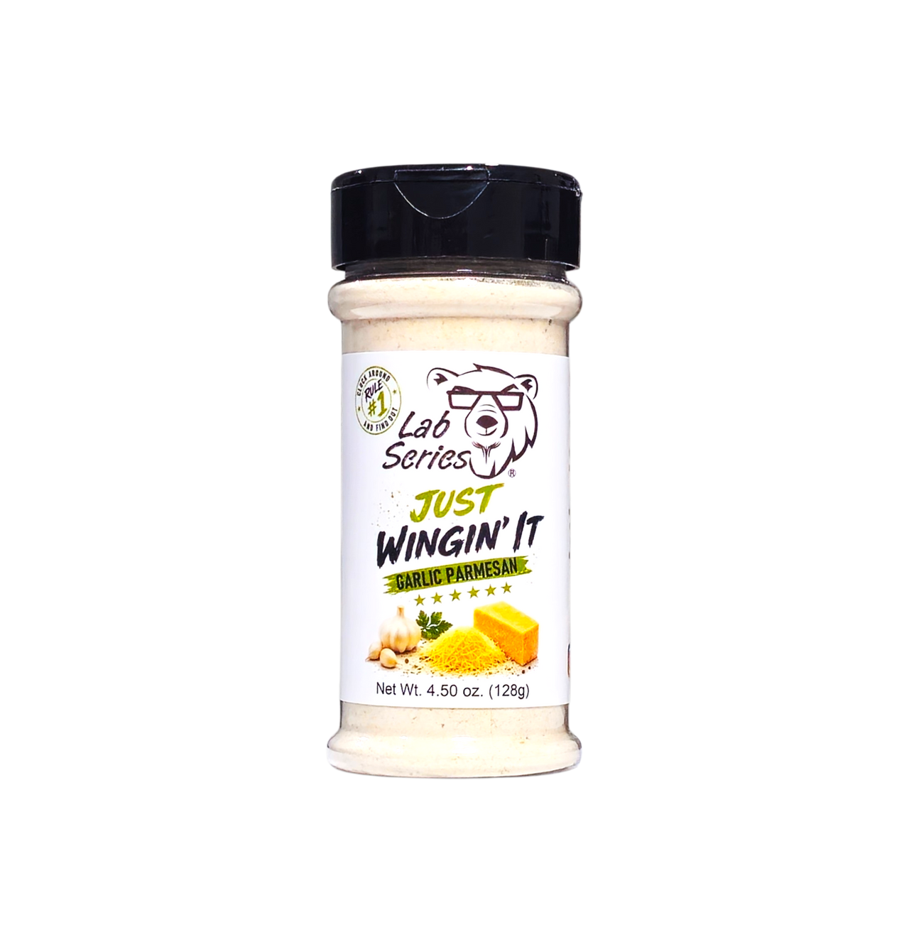 A bottle of Lab Series Just Wingin' It Garlic Parmesan seasoning, 4.50 oz (129g), featuring a white label with a cartoon bear wearing glasses and yellow cheese graphics, topped with a black cap, on a solid white background.
