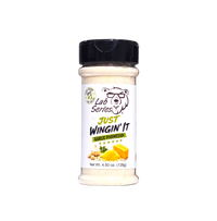 Thumbnail for A bottle of Lab Series Just Wingin' It Garlic Parmesan seasoning, 4.50 oz (129g), featuring a white label with a cartoon bear wearing glasses and yellow cheese graphics, topped with a black cap, on a solid white background.