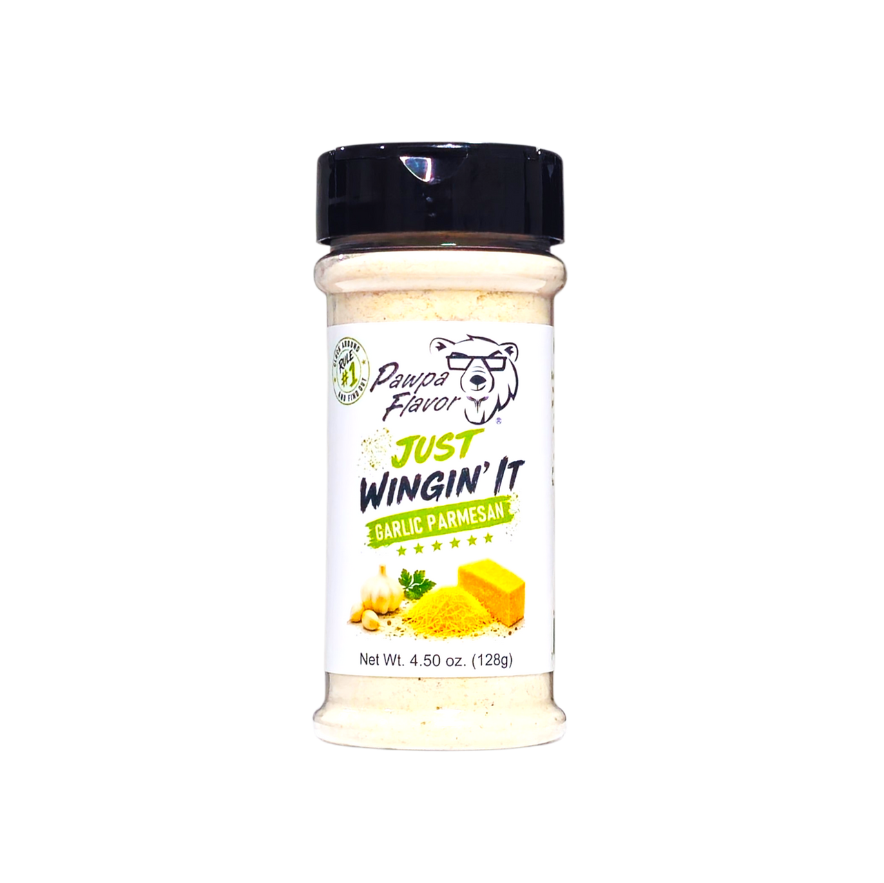 A bottle of Pawpa Flavor Just Wingin' It Garlic Parmesan seasoning, 4.50 oz (129g), featuring a white label with a cartoon bear wearing glasses and yellow cheese graphics, topped with a black cap, on a solid white background.