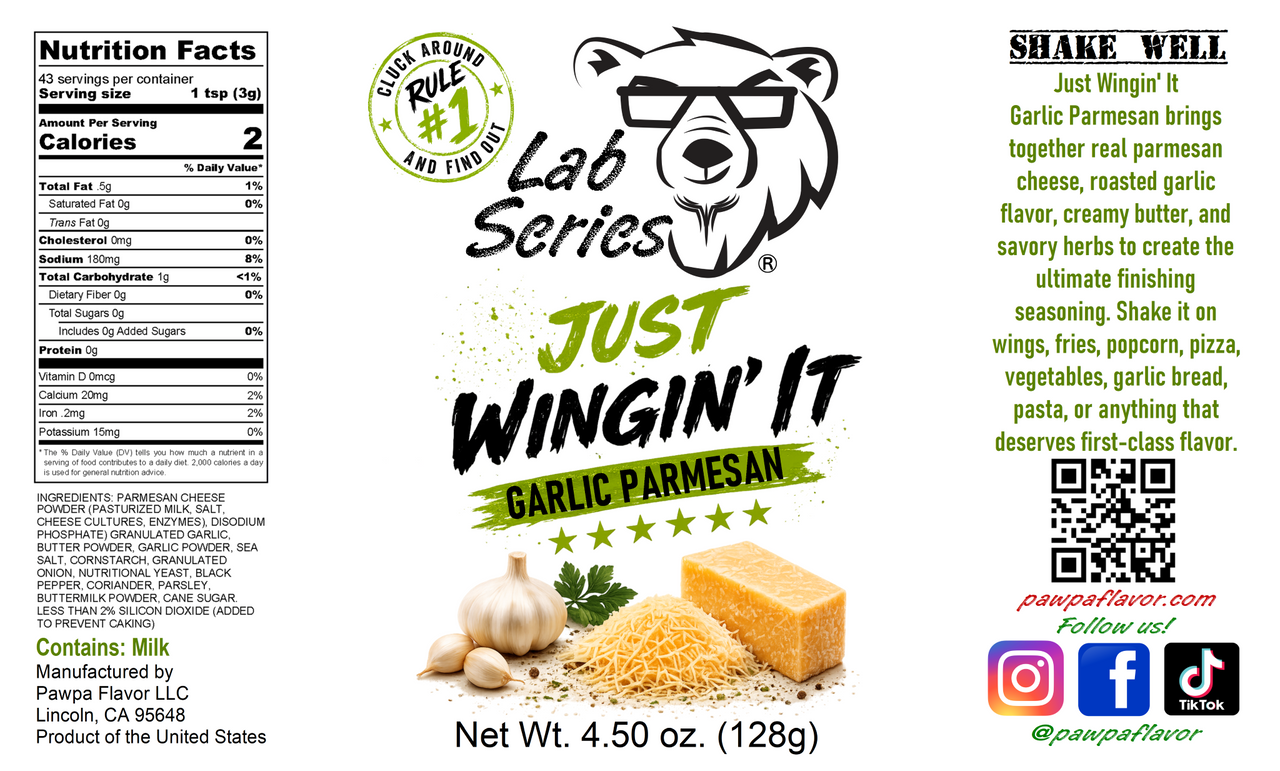 Front and back label of Lab Series Just Wingin' It Garlic Parmesan shake mix, showing nutrition facts, ingredients, directions, and product details on a white background.
