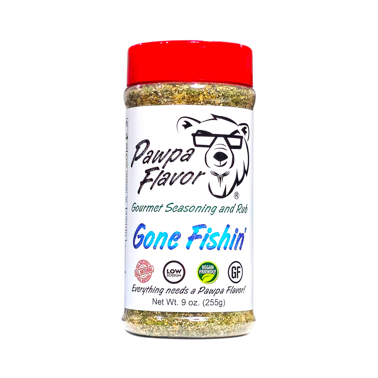 A bottle of Pawpa Flavor Gone Fishin' seasoning with a red cap and a label featuring the product name and branding.