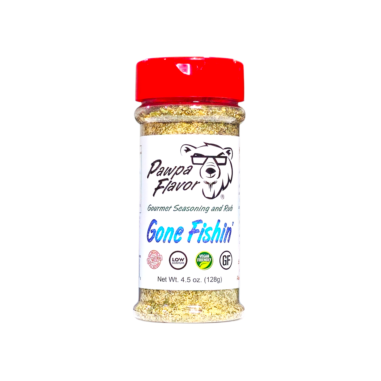 A bottle of Pawpa Flavor Gone Fishin' seasoning with a red cap and a label featuring the product name and branding.