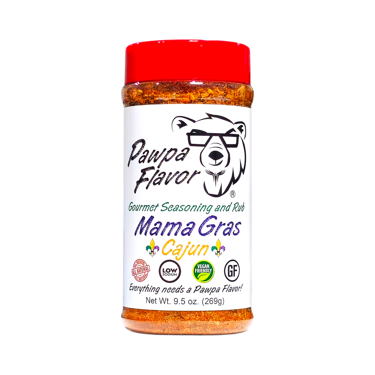 Jar of Pawpa Flavor Mama Gras Cajun seasoning with bear logo and product details on a white background.