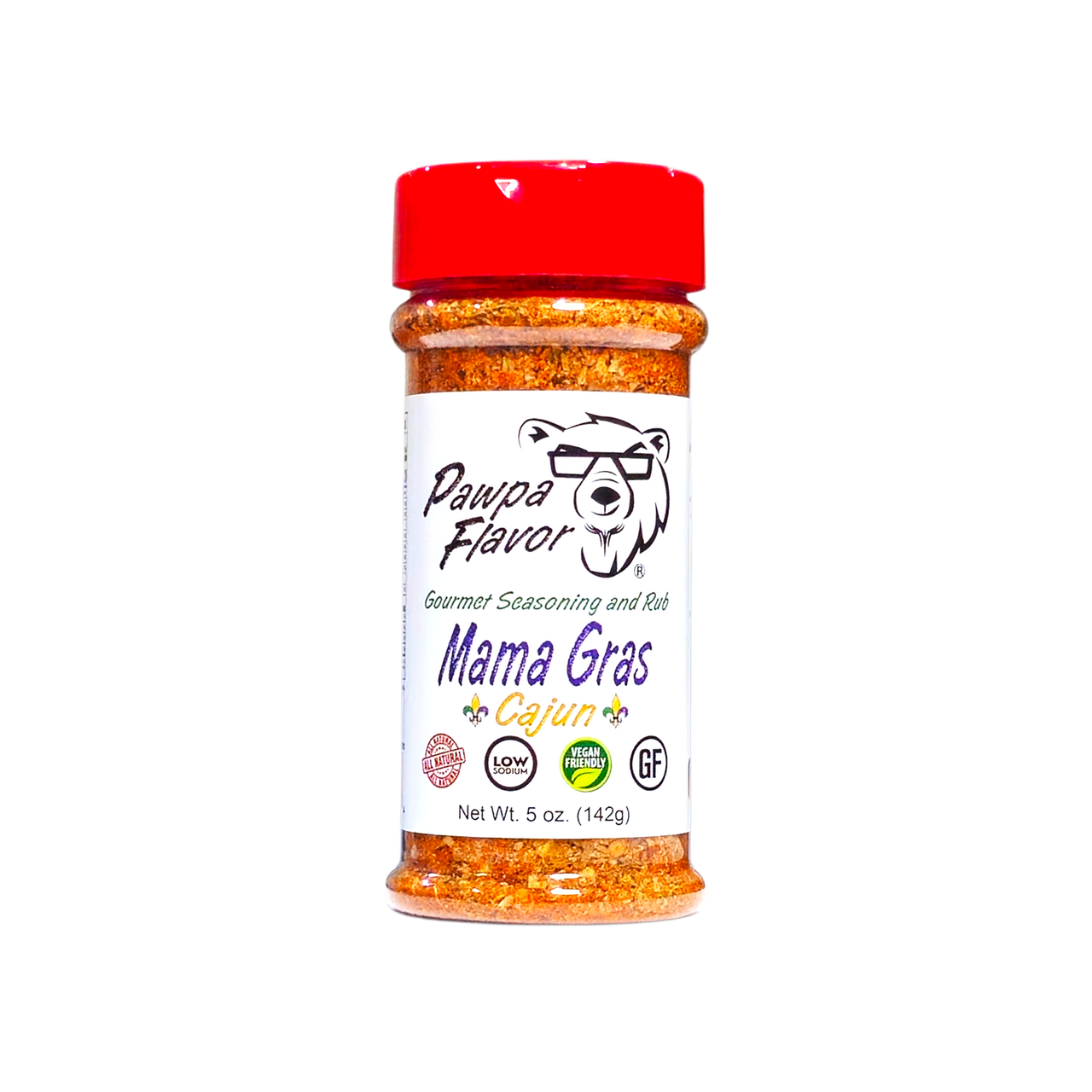 Jar of Pawpa Flavor Mama Gras Cajun seasoning with bear logo and product details on a white background.