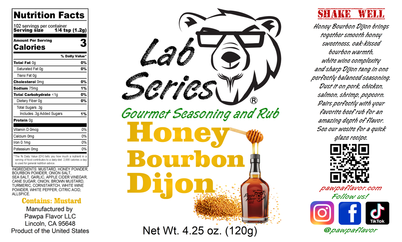 Pawpa Flavor Honey Bourbon Dijon gourmet seasoning label featuring honey dipper, bourbon bottle, mustard seeds, nutrition facts, ingredients, and flavor description for sweet and tangy mustard-based spice rub for pork, chicken, seafood and more.