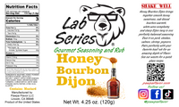 Thumbnail for Pawpa Flavor Honey Bourbon Dijon gourmet seasoning label featuring honey dipper, bourbon bottle, mustard seeds, nutrition facts, ingredients, and flavor description for sweet and tangy mustard-based spice rub for pork, chicken, seafood and more.