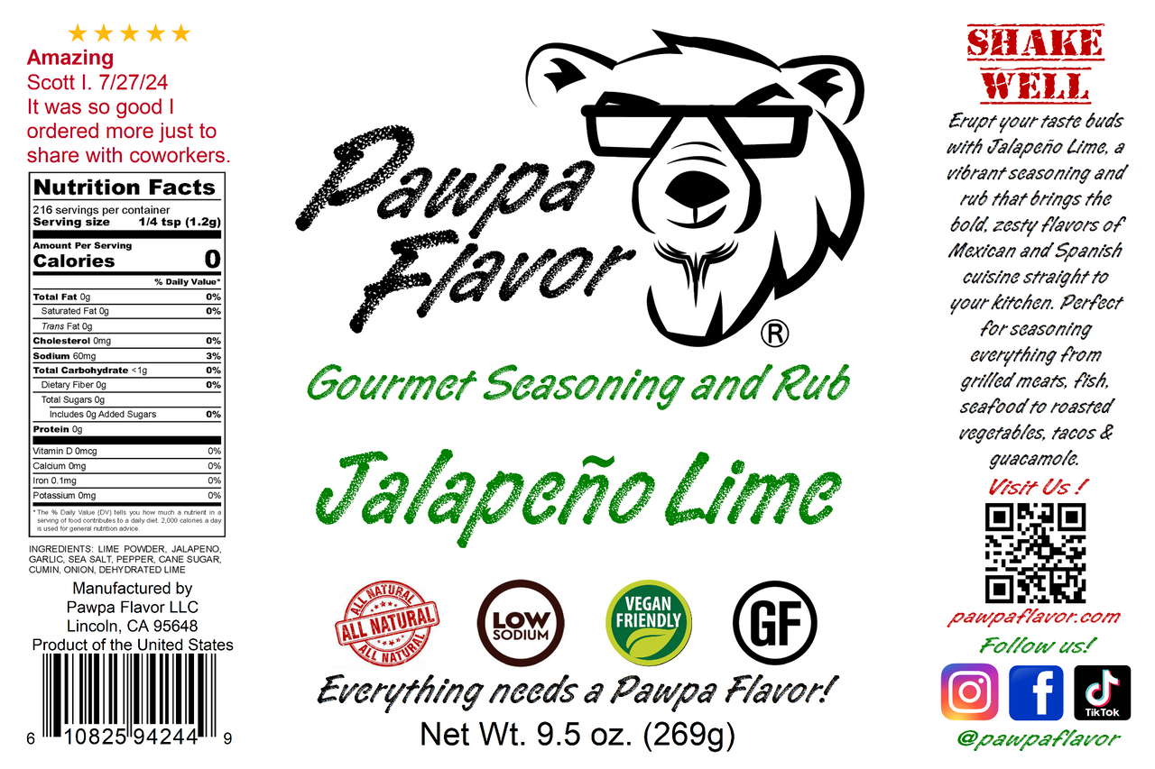 Pawpa Flavor Jalapeño Lime seasoning and rub label with bear logo and product details.