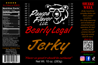 Thumbnail for Label of Bearly Legal Jerky from Pawpa Flavor with product details and branding elements on a black background.