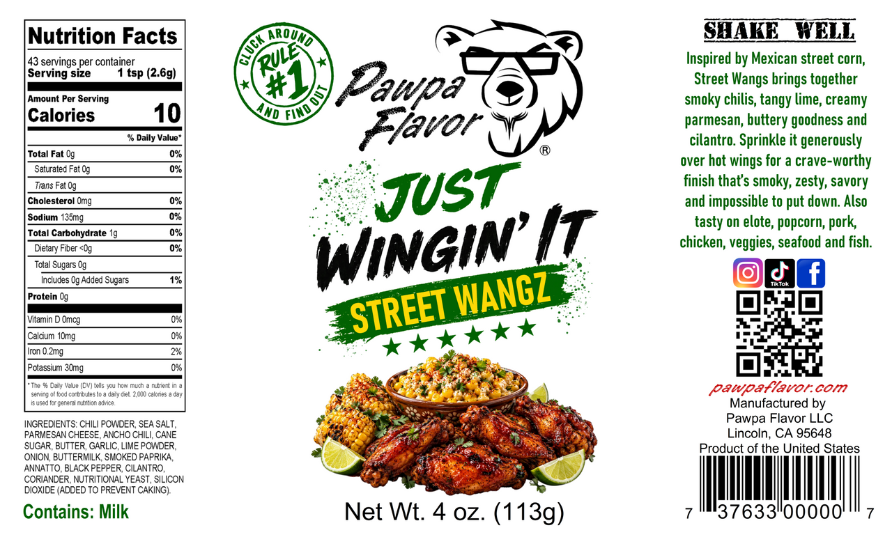 Front and back packaging of Pawpa Flavor Just Wingin' It Street Wangz, showing product information, ingredients, nutrition facts, and branding on a white background.