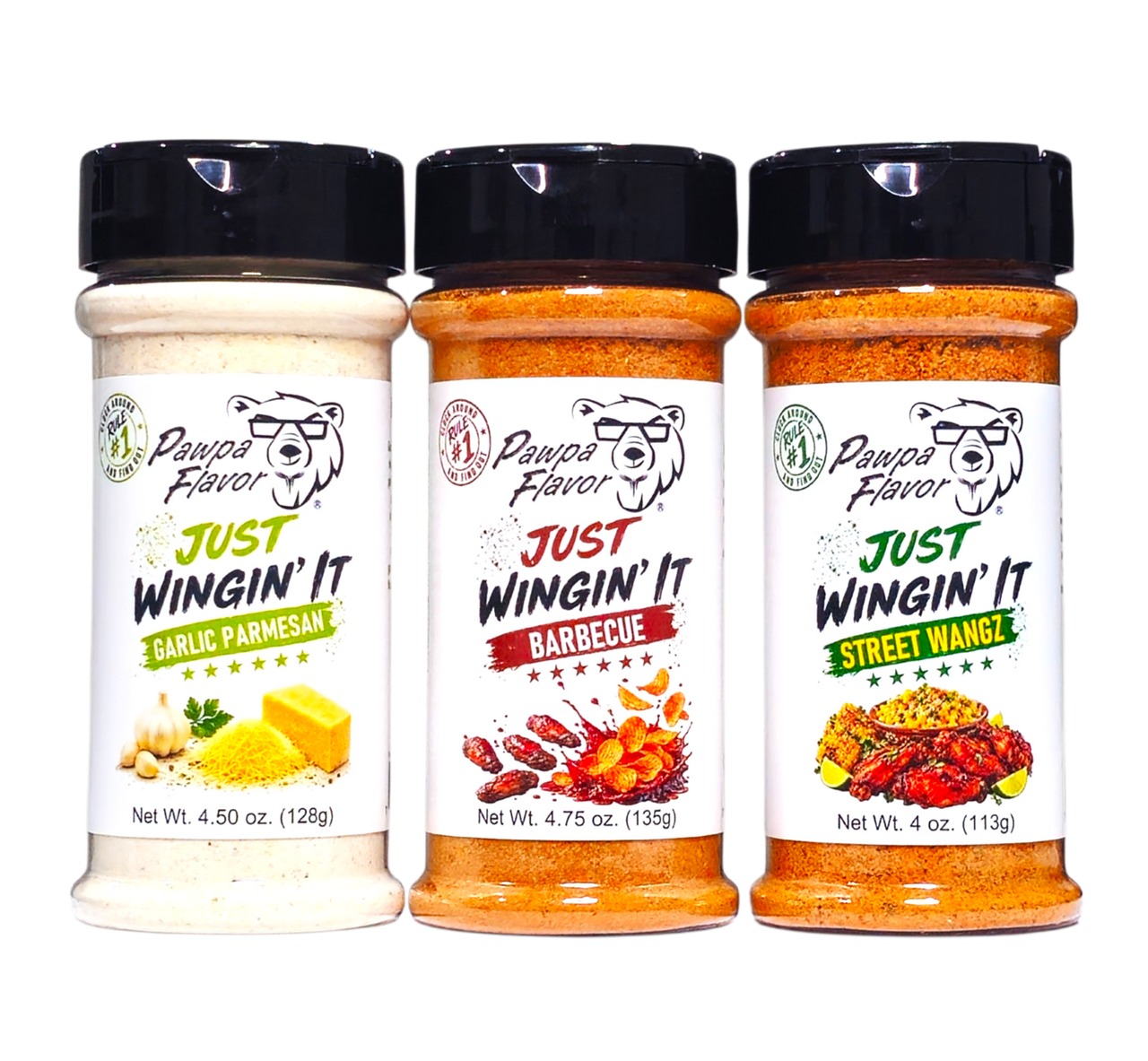 Three jars of Pawpa Flavor seasoning spices on a white background: Just Wingin' It Garlic Parmesan, Just Wingin' It Barbecue, and Just Wingin' It Street Wangz.