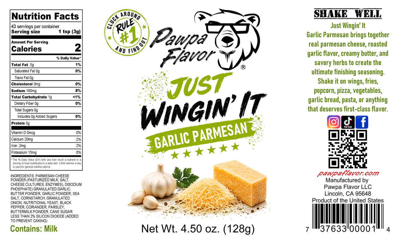 Front and back packaging label of Pawpa Flavor Just Wingin' It Garlic Parmesan seasoning, showing nutrition facts, ingredients, directions, a QR code, and product imagery including garlic, cheese, and a bear logo.