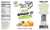 Thumbnail for Front and back packaging label of Pawpa Flavor Just Wingin' It Garlic Parmesan seasoning, showing nutrition facts, ingredients, directions, a QR code, and product imagery including garlic, cheese, and a bear logo.