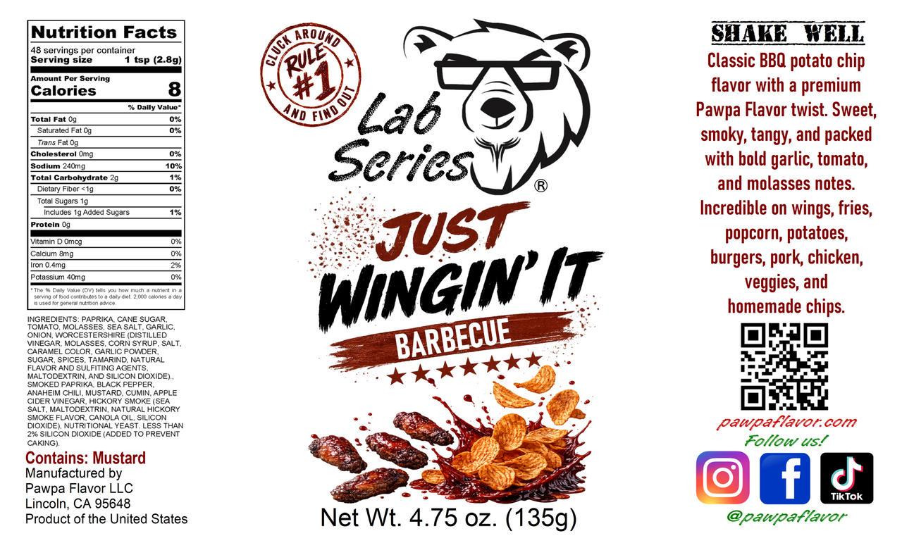 Front label of a Lab Series Just Wingin' It Barbecue snack package, showing nutrition facts, product description, QR code, social media icons, and a cartoon bear logo on a white background.