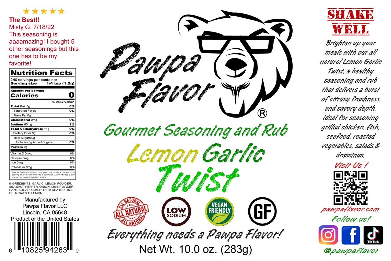 Pawpa Flavor Lemon Garlic Twist seasoning and rub label with bear logo and product details.